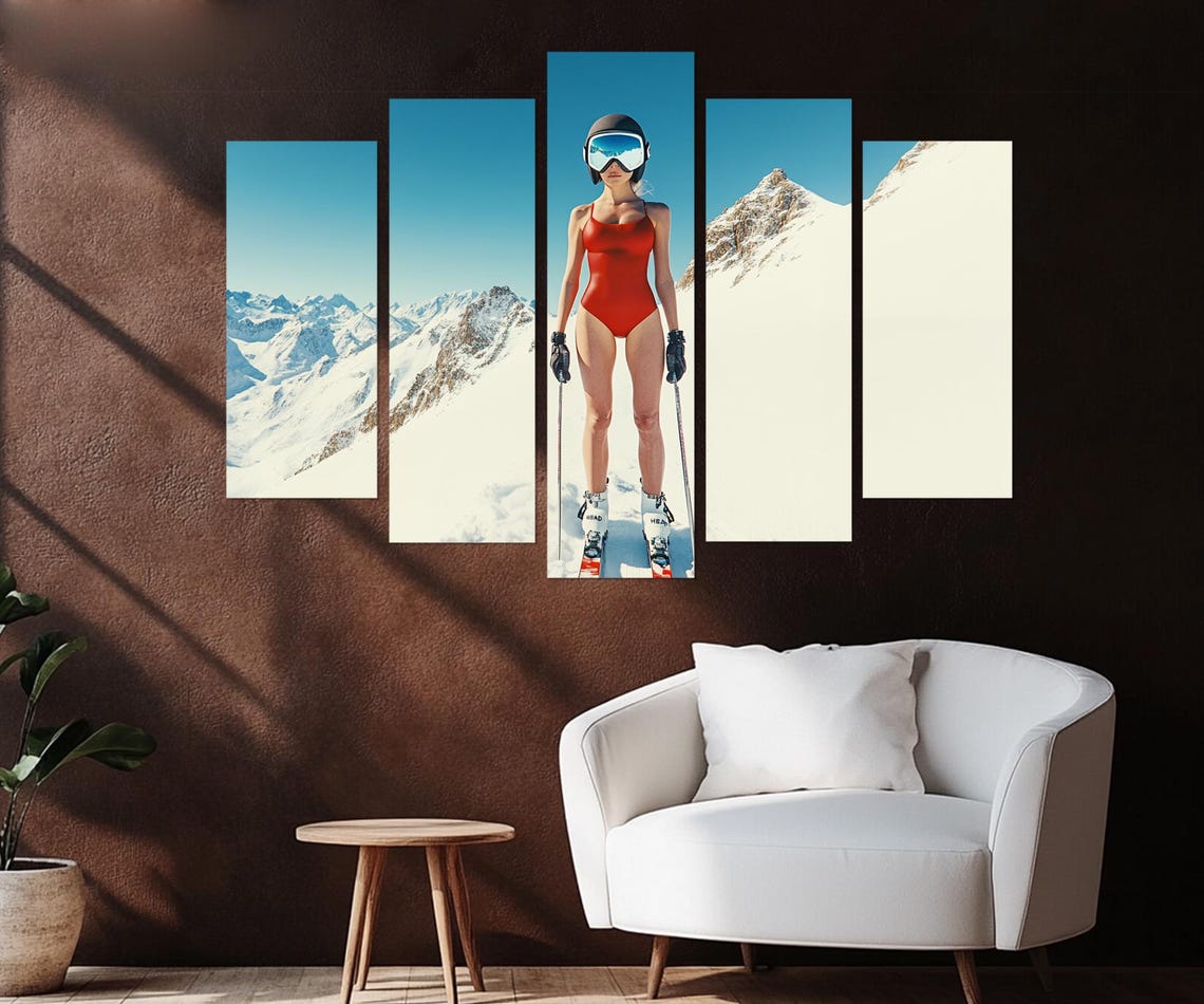 Skier In Red Swimsuit Snowy Mountain Triptych Bold Ski Wall Art Print - Image 3