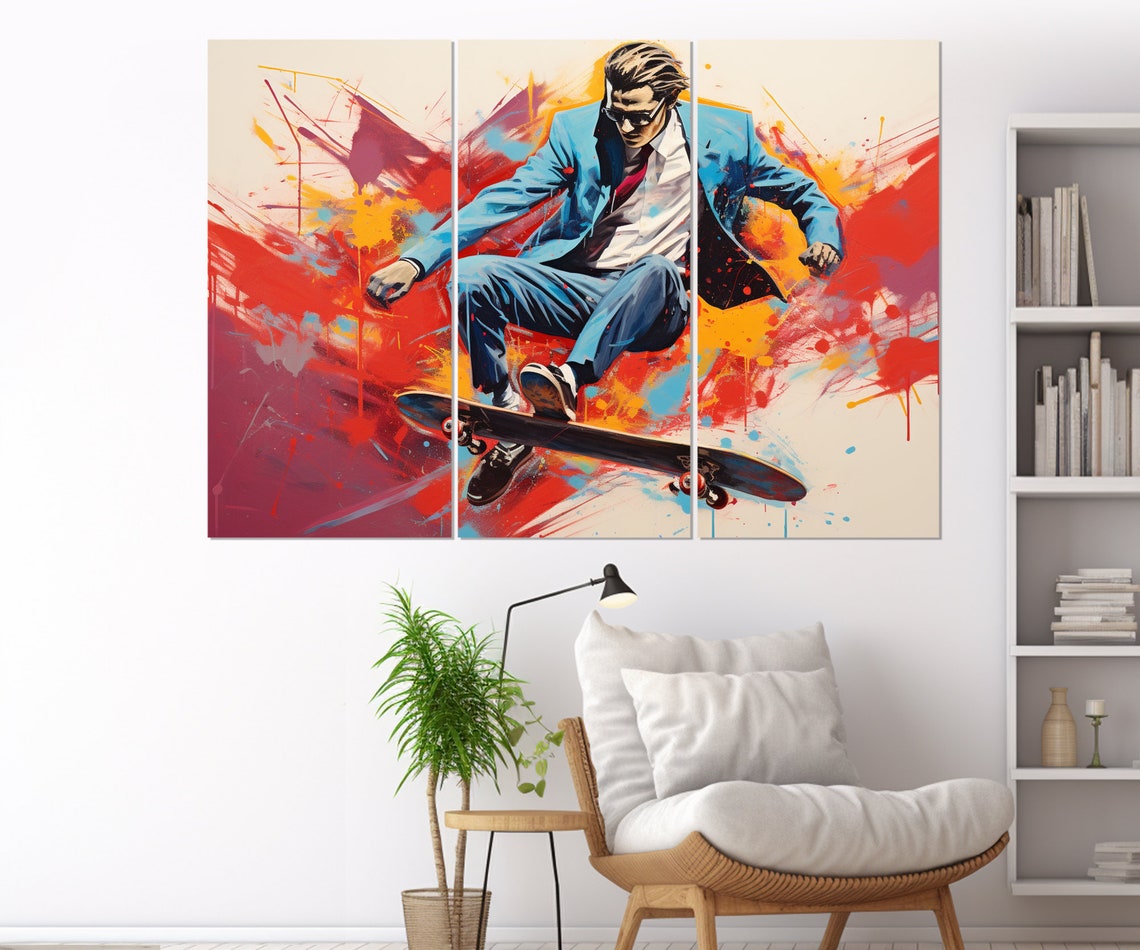 Businessman In Suit Skateboarding Trick Bold Pop Art Wall Poster - Image 4