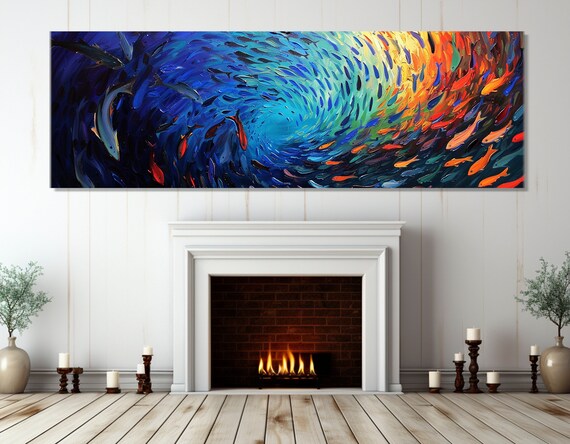 Large School Of Fish Painting Print Abstract Underwater Print Colorful Underwater Wall Art Framed And Ready To Hang