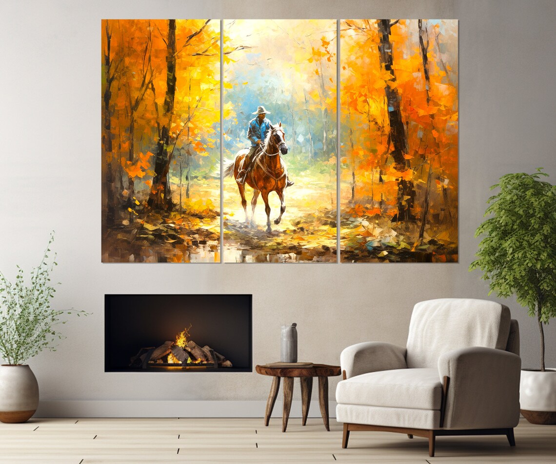 Horseman In Golden Autumn Forest Horse Rider Painting Wall Art Print - Image 4