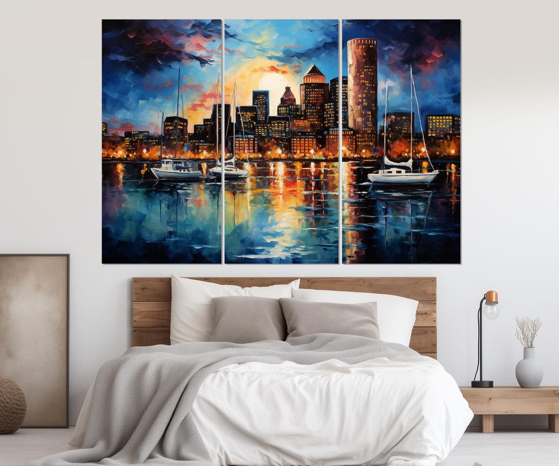 Boston Harbor Sailboats Sunset Skyline Reflection Painted Poster - Image 4