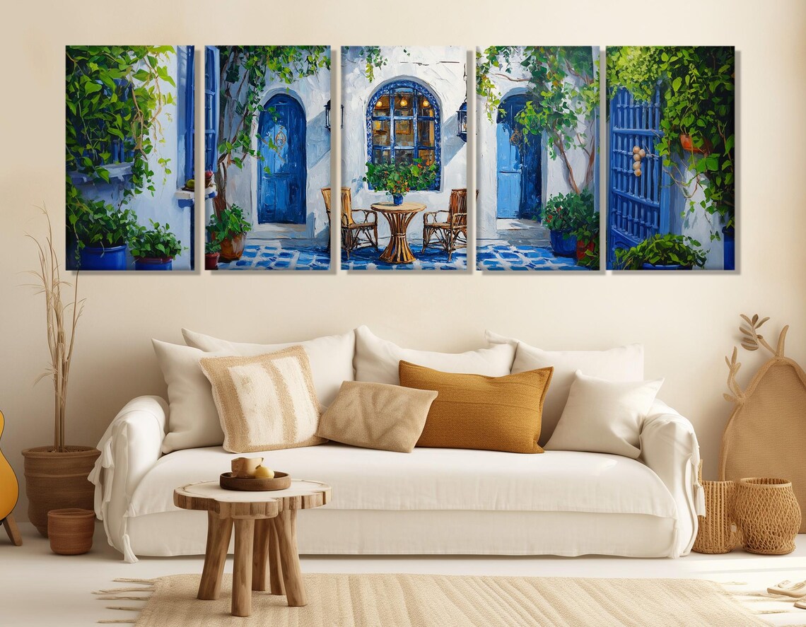 Moroccan Blue Doors Courtyard Cafe White Walls Painting Travel Poster - Image 3