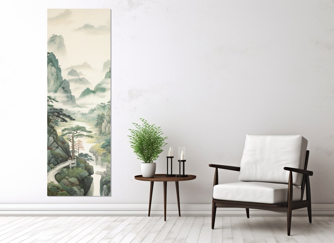 Misty Asian Mountains Ink Wash Vertical Waterfall Pines Zen Art Poster - Image 4