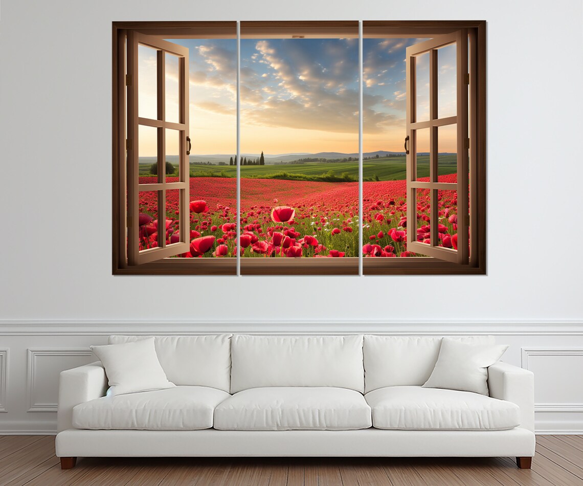 Open Window Red Poppy Field Sunset Countryside Faux View Poster - Image 3