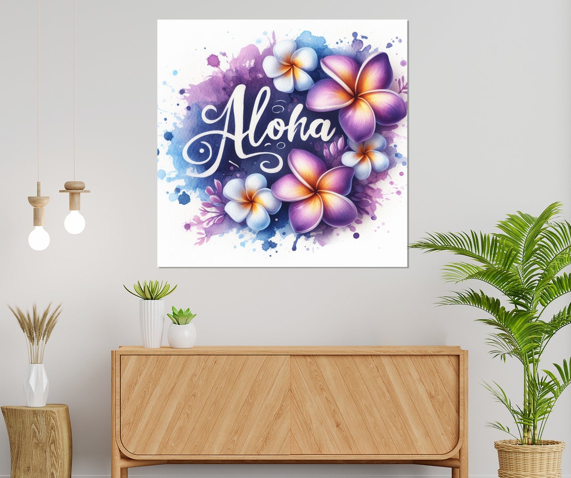 Aloha Script Watercolor Plumeria Flowers Purple Blue Hawaii Wall Art - Image 3