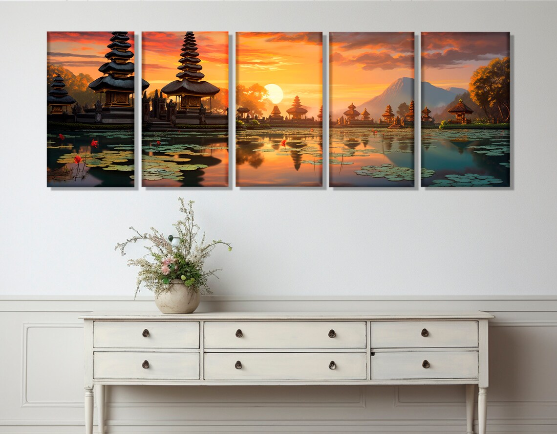 Bali Temple Sunset Over Lake Lotus Pads Golden Sky Painting Poster - Image 3