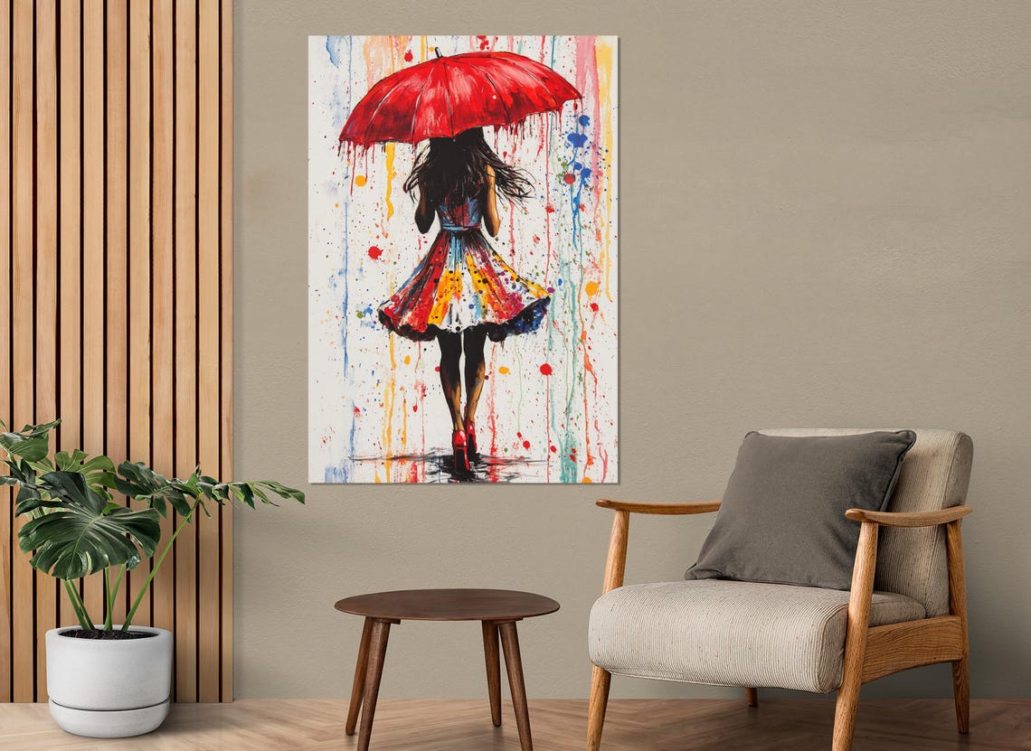 Girl With Red Umbrella Rain Colorful Paint Splatter Street Art Poster - Image 2