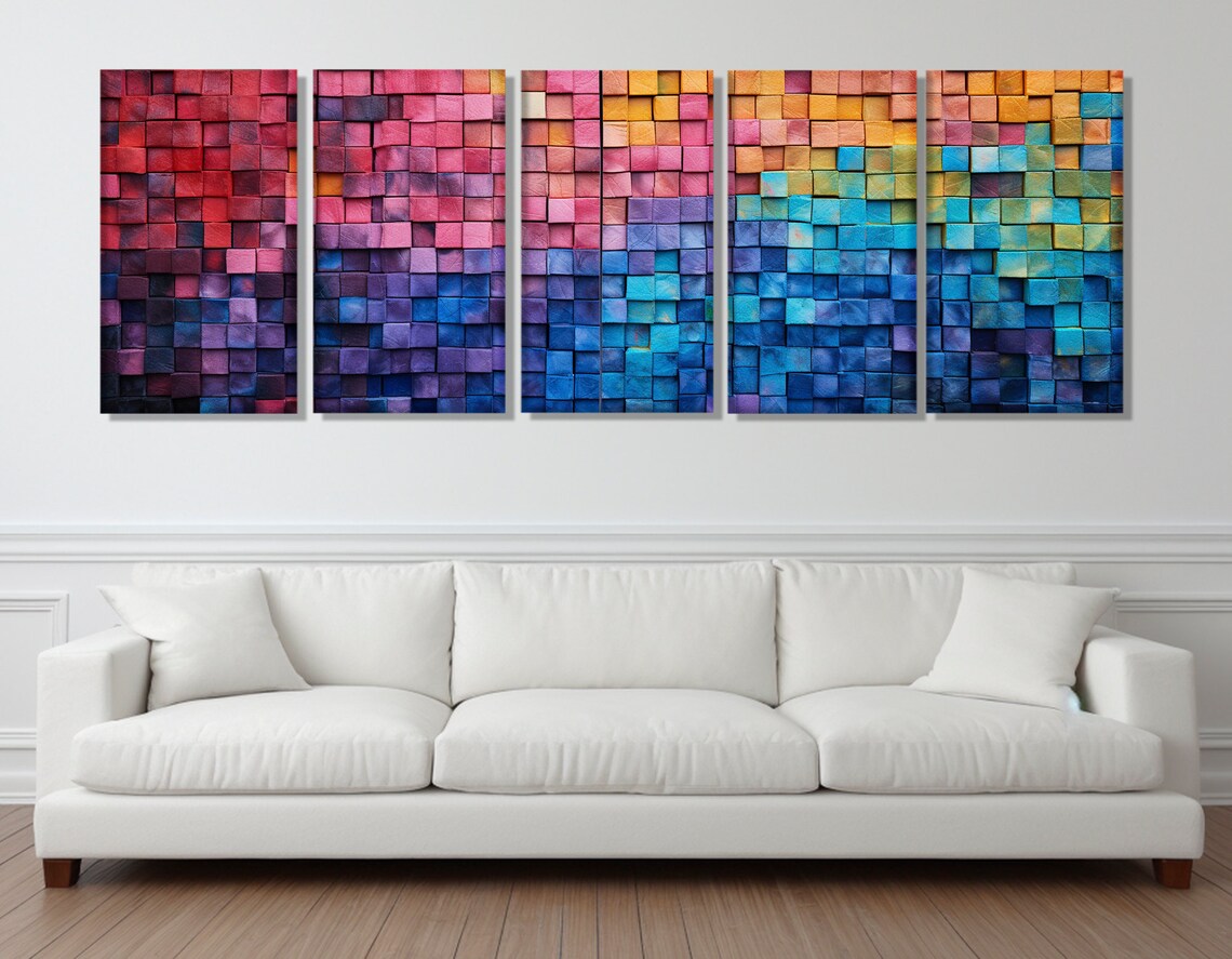 Colorful 3D Mosaic Tile Gradient Sunset To Ocean Abstract Art Poster - Image 3