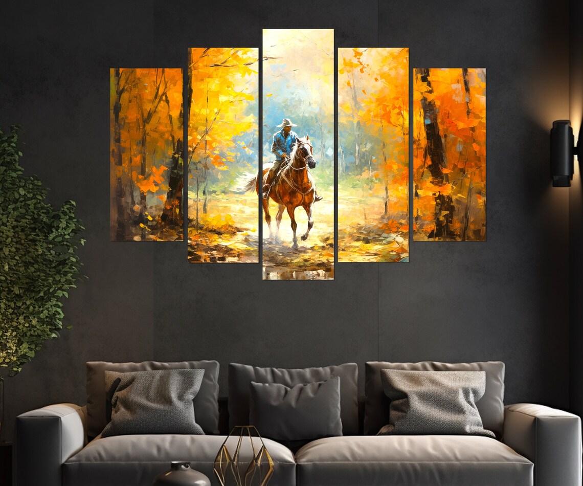Horseman In Golden Autumn Forest Horse Rider Painting Wall Art Print - Image 3