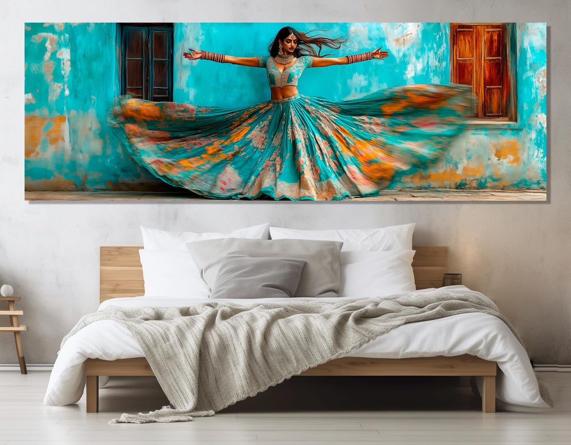 Beautiful Indian Girl In Indian National Dress Dancing On The Street Painting Print Indian Wall Art Framed Ready To Hang - Image 2