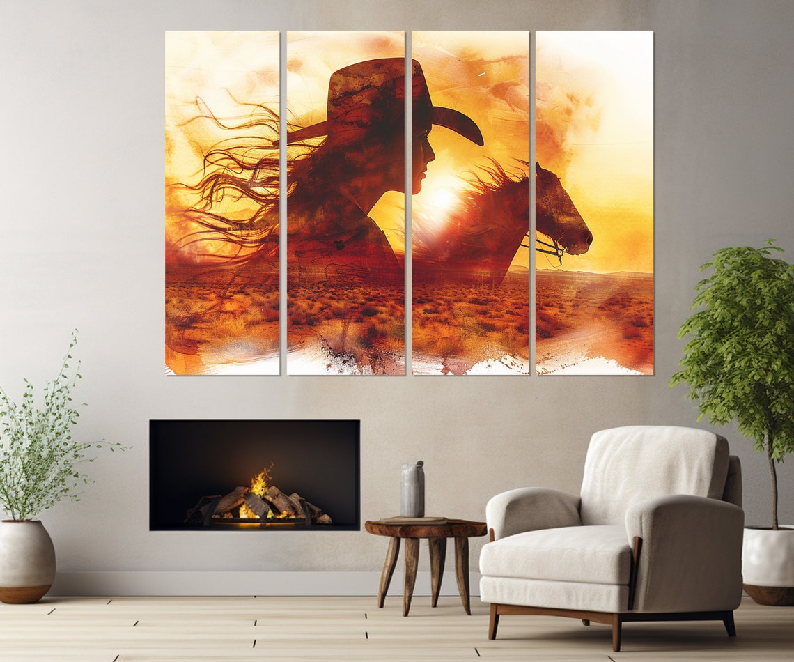 Abstract Wild West Print Cowgirl Silhouette Poster Cowboy Art Cowgirl Bedroom Decor Wild West Painting Framed Ready To Hang - Image 3