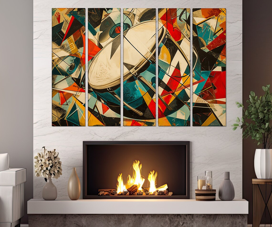 Abstract Cubist Drum Geometric Red Teal Modern Music Room Wall Art Poster - Image 3