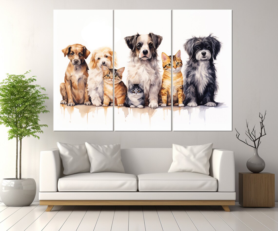 Dogs And Cats Watercolor Group Portrait Cute Pets Painting Vet Office Poster - Image 4