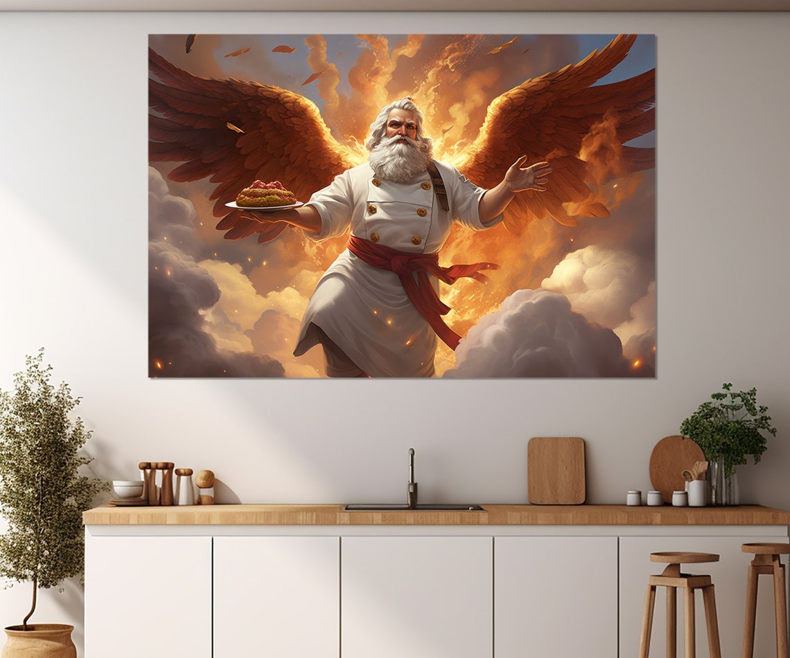 Winged Chef Angel Fiery Clouds Epic Kitchen Fantasy Painting Poster - Image 4