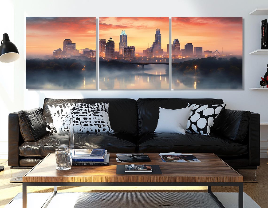 Misty Austin Morning Skyline With Calm River Reflection Poster - Image 4