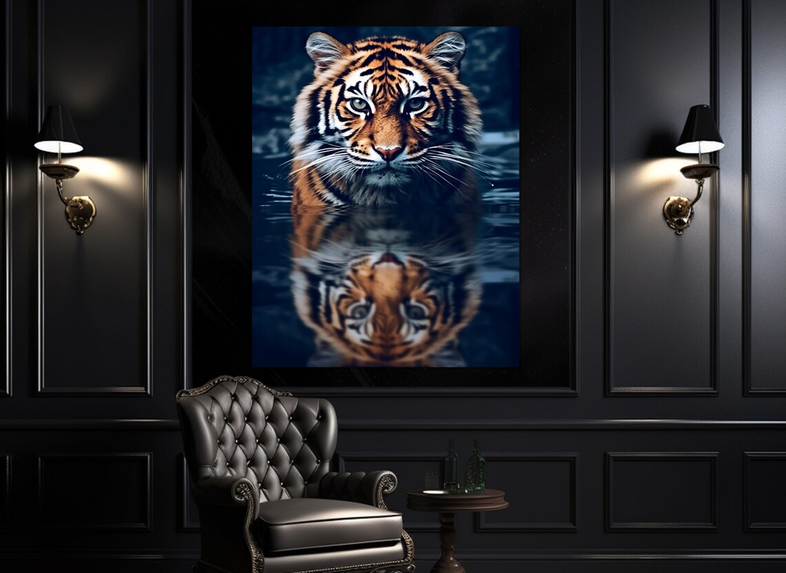 Tiger Emerging From Dark Water Mirror Reflection Wildlife Portrait Print - Image 3