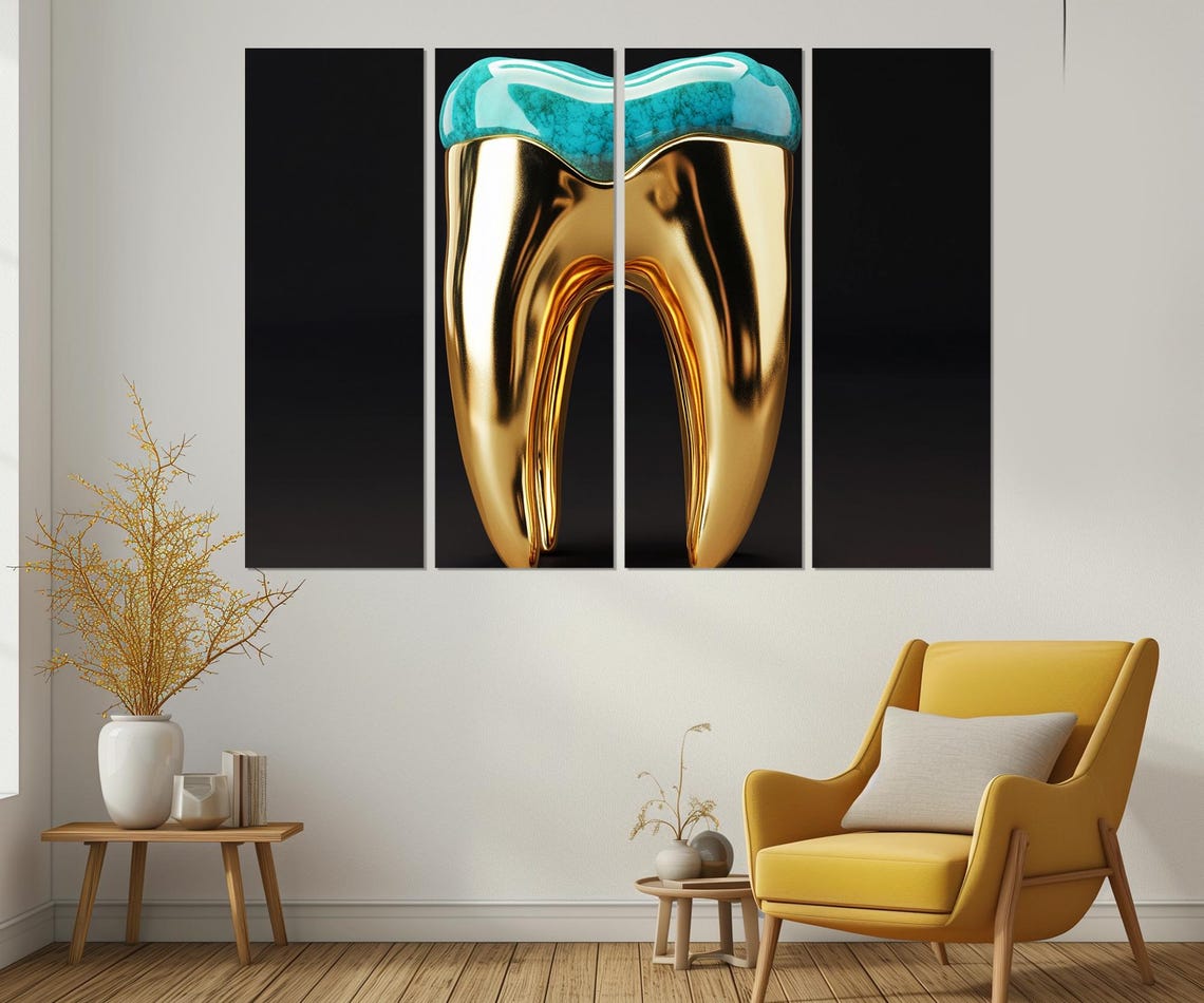 Golden Tooth Turquoise Top Black Background Dentist Office Poster - Image 2
