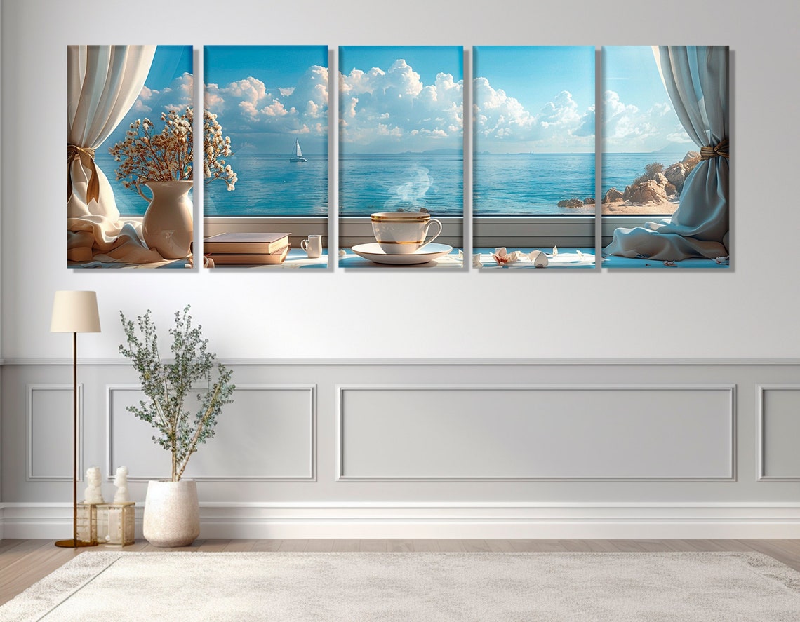 Window Sea View Morning Coffee Sailboat Coastal Illusion Poster - Image 3