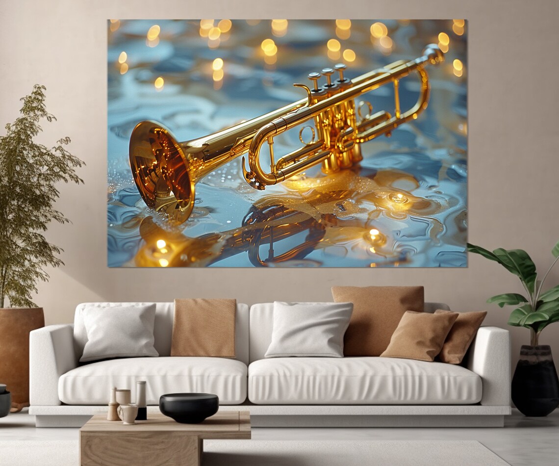 Golden Trumpet on Shimmering Water Abstract Reflection Musician Gift Wall Art Print - Image 2