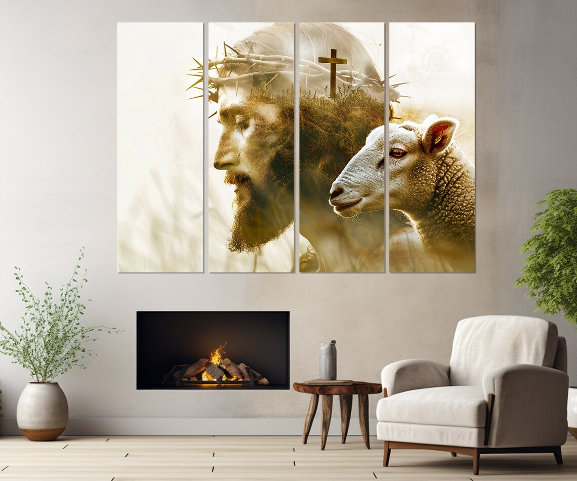 Jesus Christ And The Lamb Crown Of Thorns Cross Religious Wall Art - Image 3