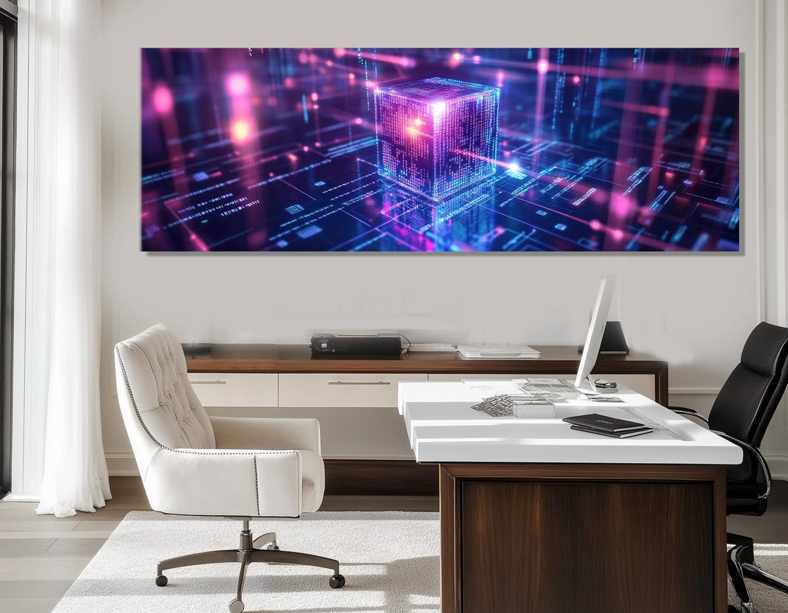 Futuristic Neon Digital Cube Cyber Grid Blue Pink Tech Art Poster - Image 2