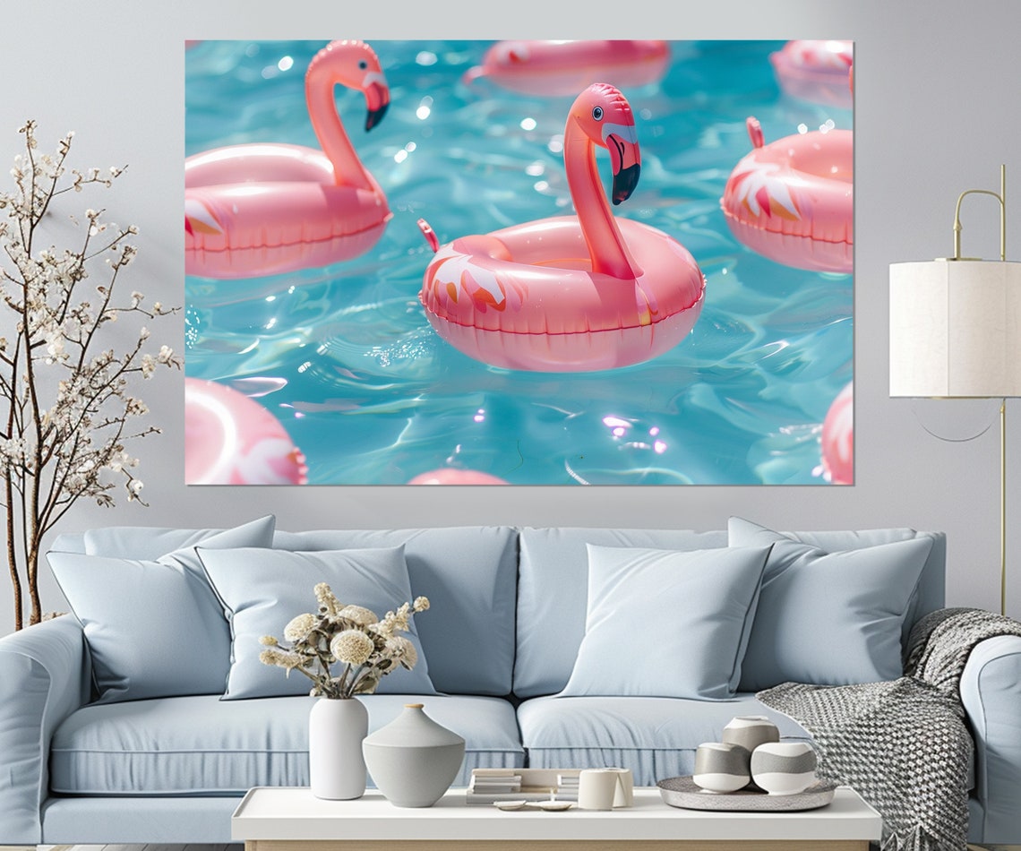 Pink Flamingo Pool Floats Sparkling Turquoise Water Summer Wall Art