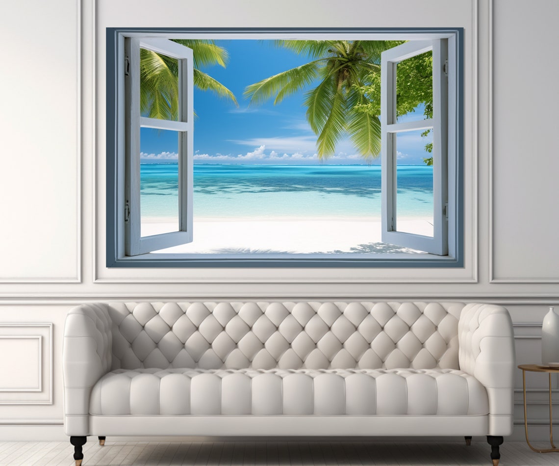 Tropical Beach Open Window Palm Trees Turquoise Sea White Sand Poster - Image 4