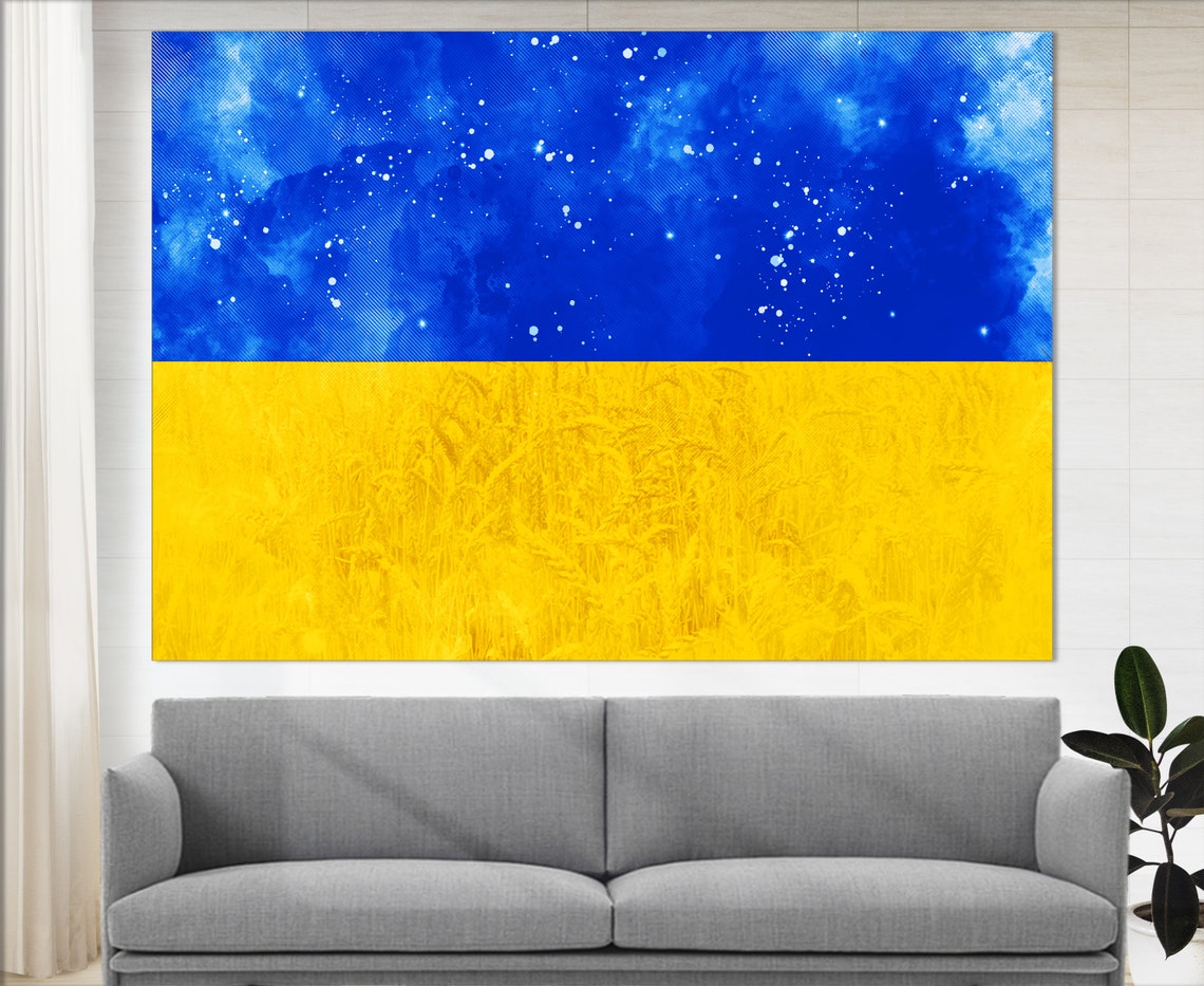 Ukraine Flag Watercolor Starry Sky Wheat Field 3 Panel Canvas Wall Art - Image 2