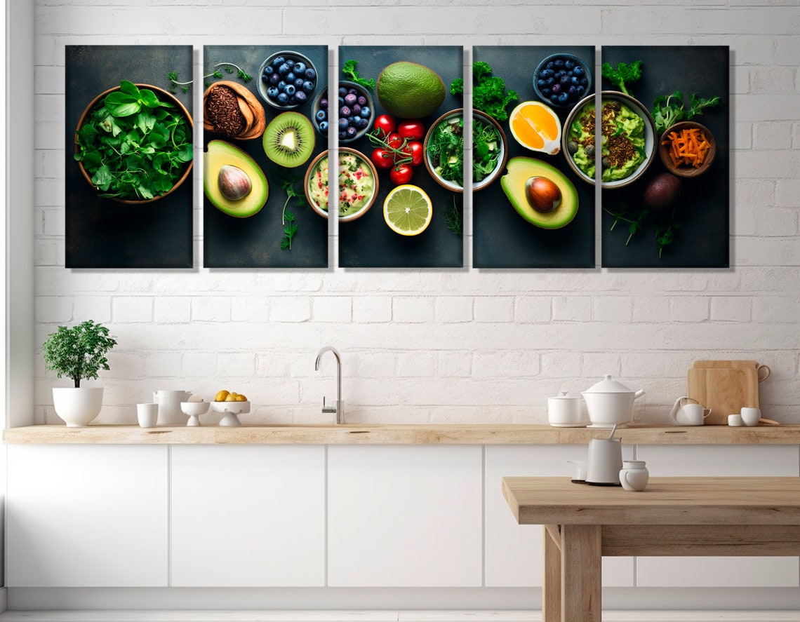 Fresh Healthy Food Flat Lay Avocado Berries Dark Kitchen Wall Art - Image 3