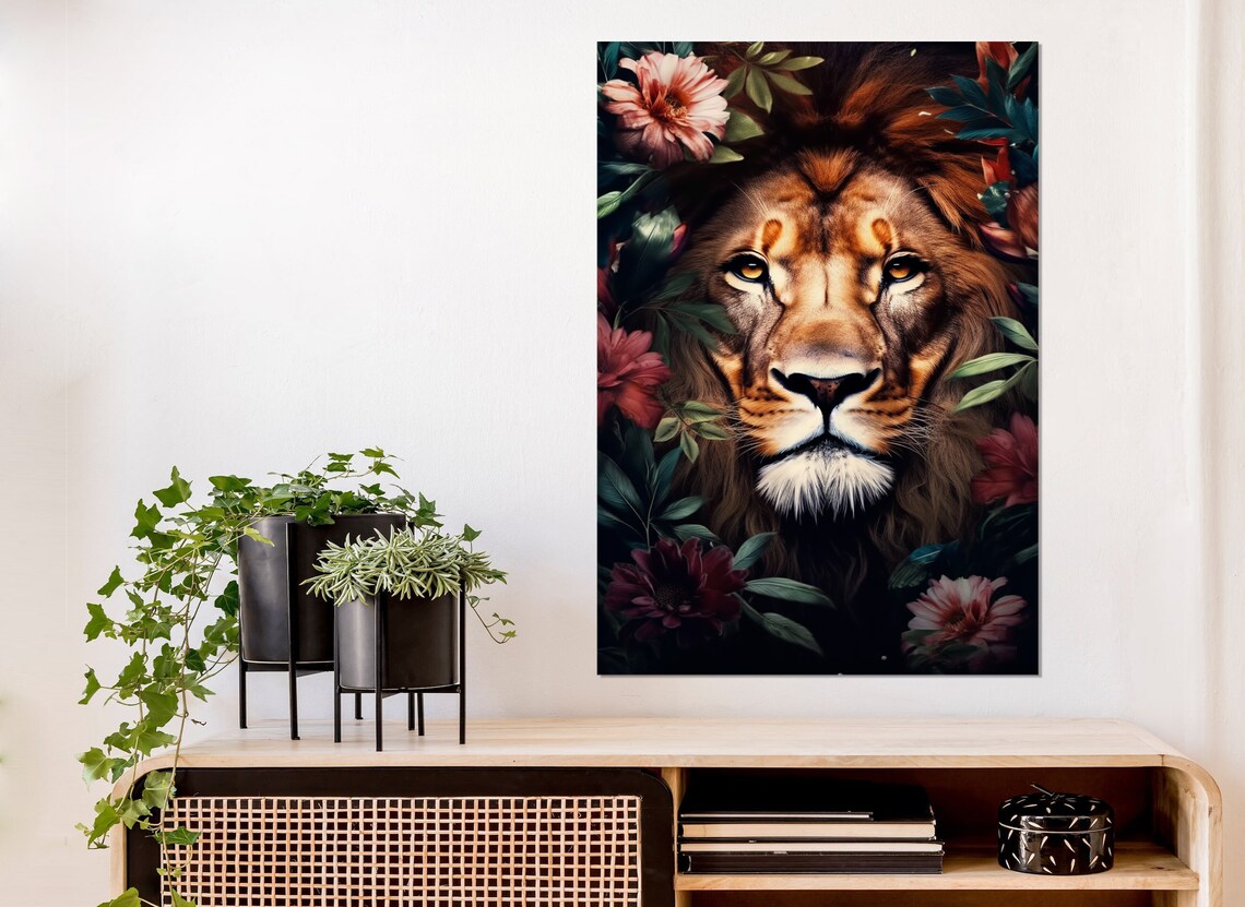 Lion Face Among Tropical Flowers Bold Floral Wildlife Portrait Wall Art - Image 2