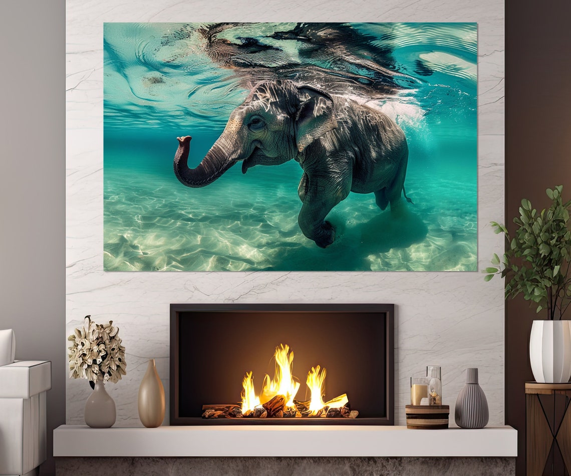 Elephant Swimming Underwater Turquoise Ocean Dreamy Animal Poster