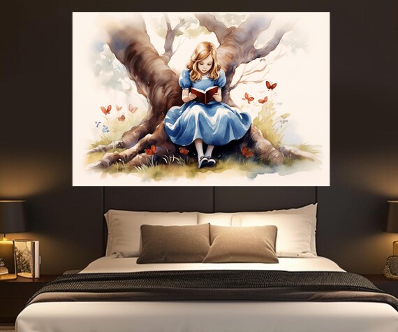 Alice in Wonderland Reading Book Under Tree Watercolor Kids Room Poster
