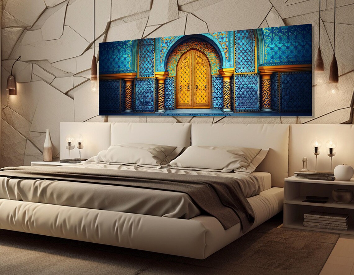 Moroccan Style Patterned Door, Gold And Blue Print - Image 4