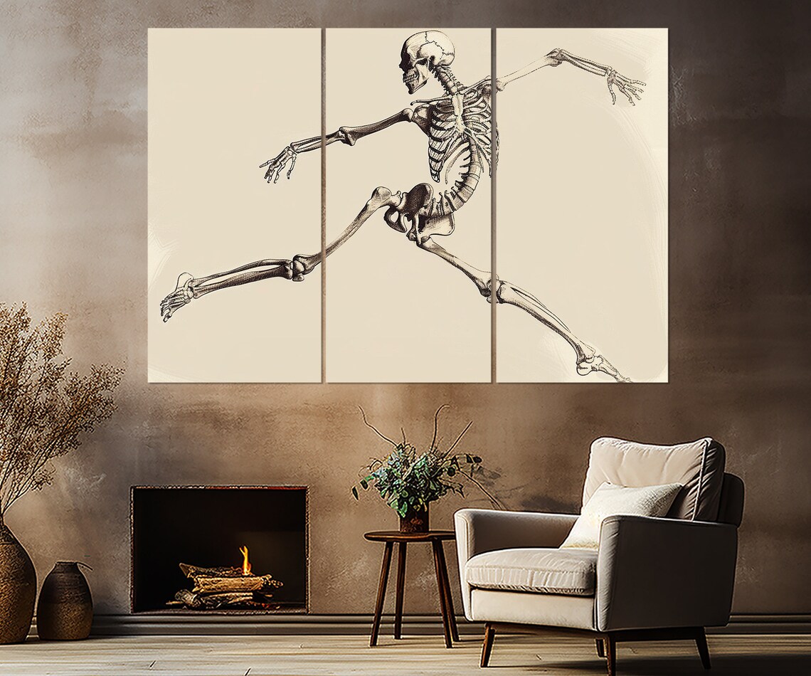 Running Human Skeleton Vintage Anatomy Illustration Triptych Medical Office Wall Art