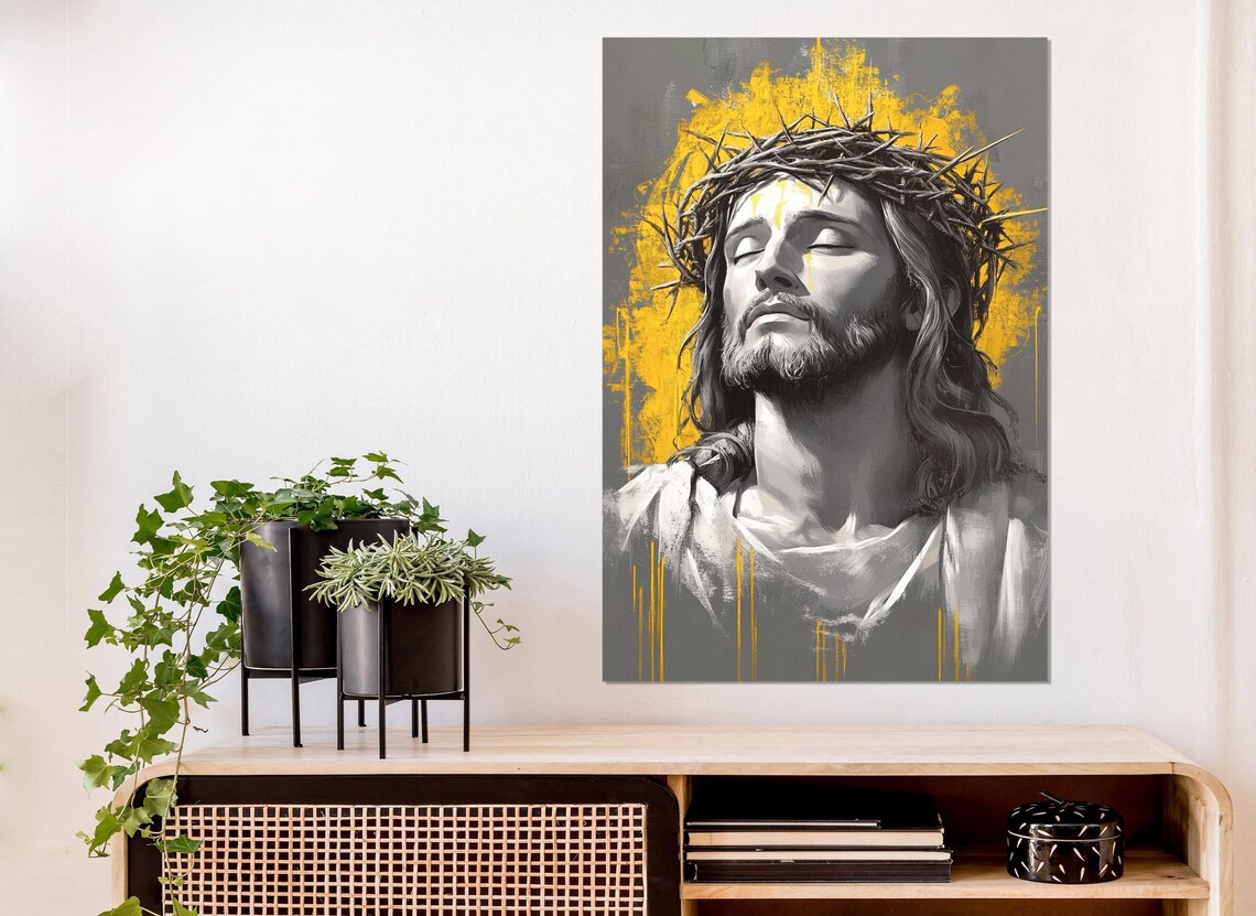 Jesus Christ Crown Of Thorns Grey Gold Portrait Modern Religious Wall Poster - Image 2