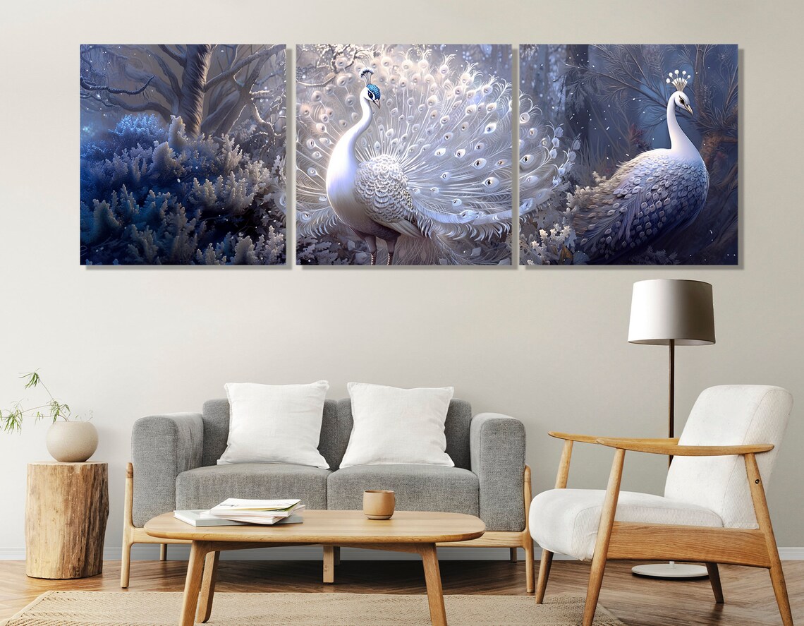 White Peacocks Fantasy Winter Forest Panoramic Wildlife Art Poster - Image 4