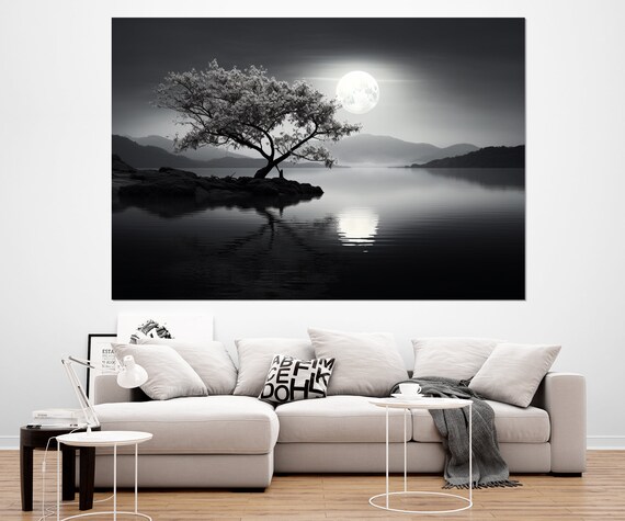 Abstract Tree Under The Moon Black And White Print Contemporary Wall Decor Framed And Ready To Hang