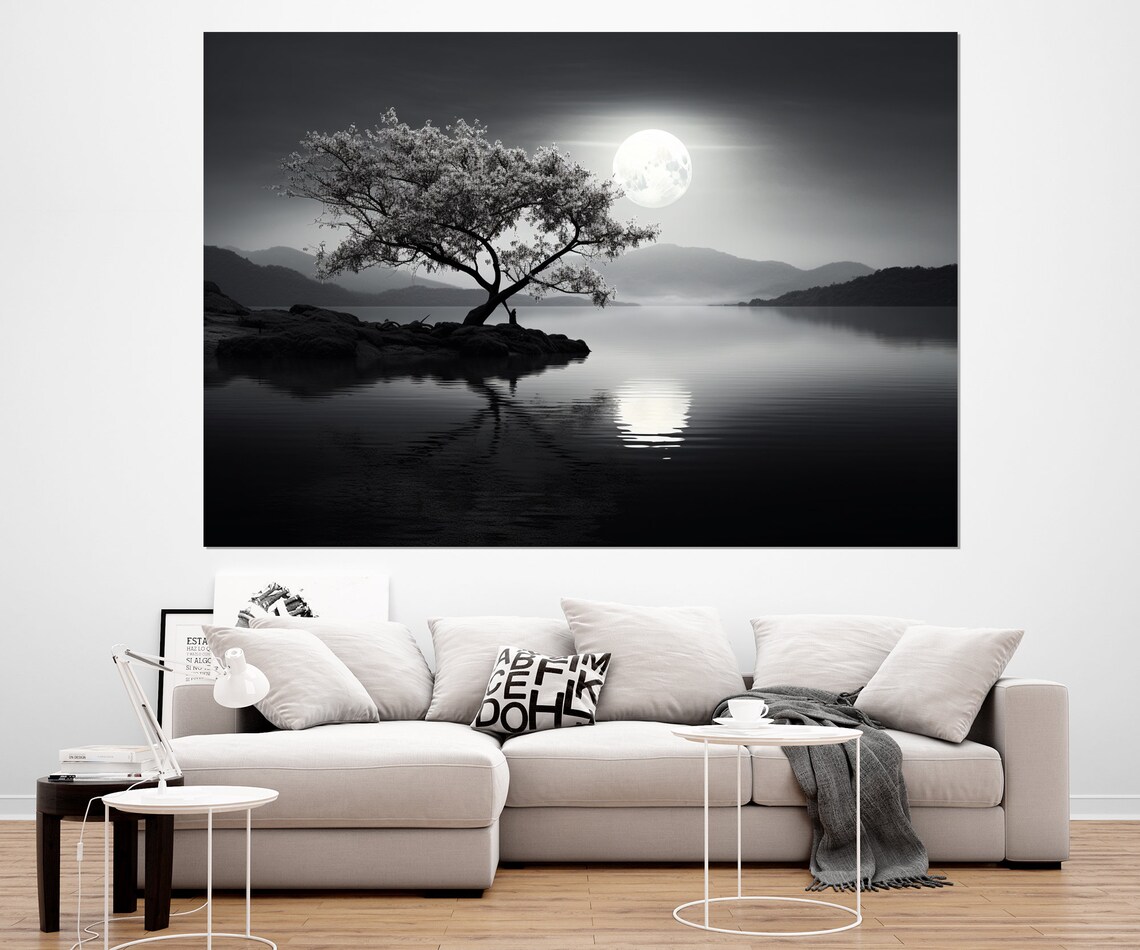 Abstract Tree Under The Moon Black And White Print Contemporary Wall Decor Framed And Ready To Hang