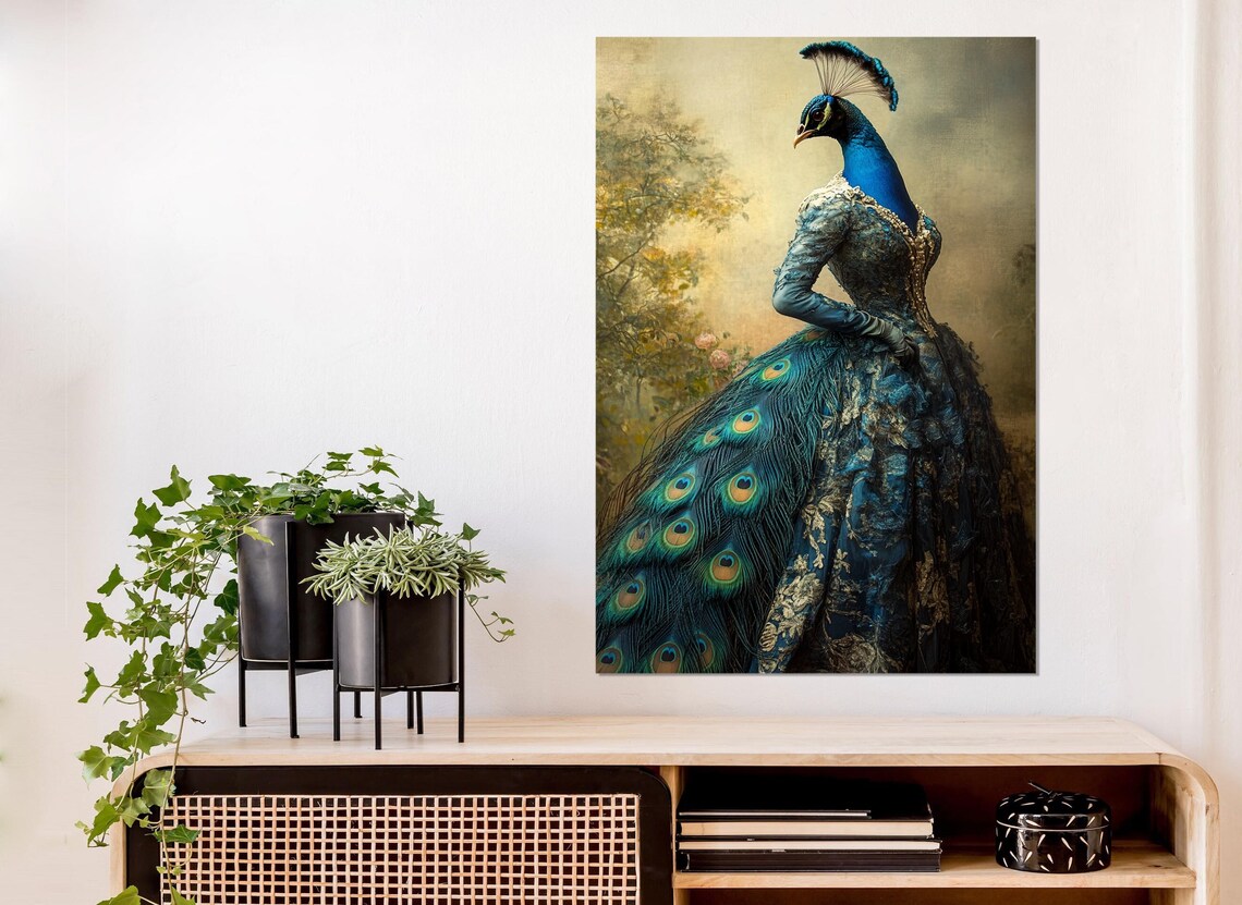 Peacock Headed Woman in Victorian Blue Gown Surreal Fantasy Art Poster