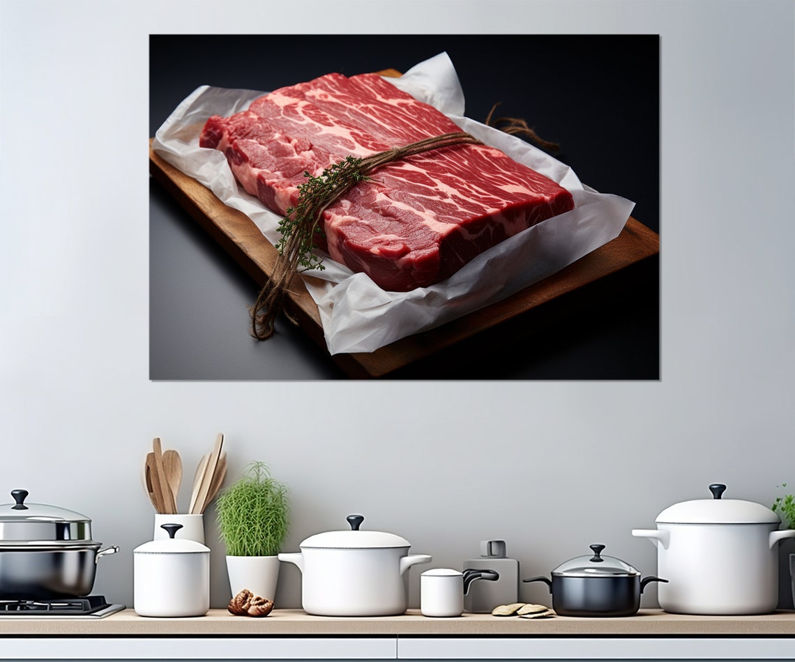 Fresh Raw Veal Slab Tied With Thyme Butcher Shop Kitchen Art Print - Image 4