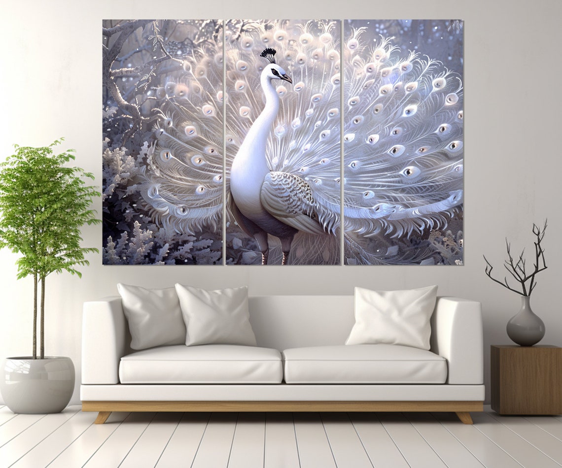 White Peacock Full Fanned Tail Snowy Forest Elegant Bird Wall Art - Image 2