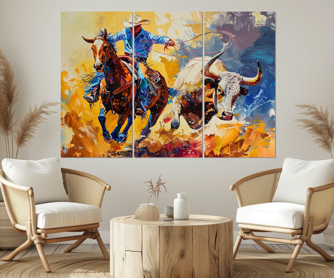 Rodeo Cowboy Roping Longhorn Steer Sunset Golden Dust Wall Poster - Image 4