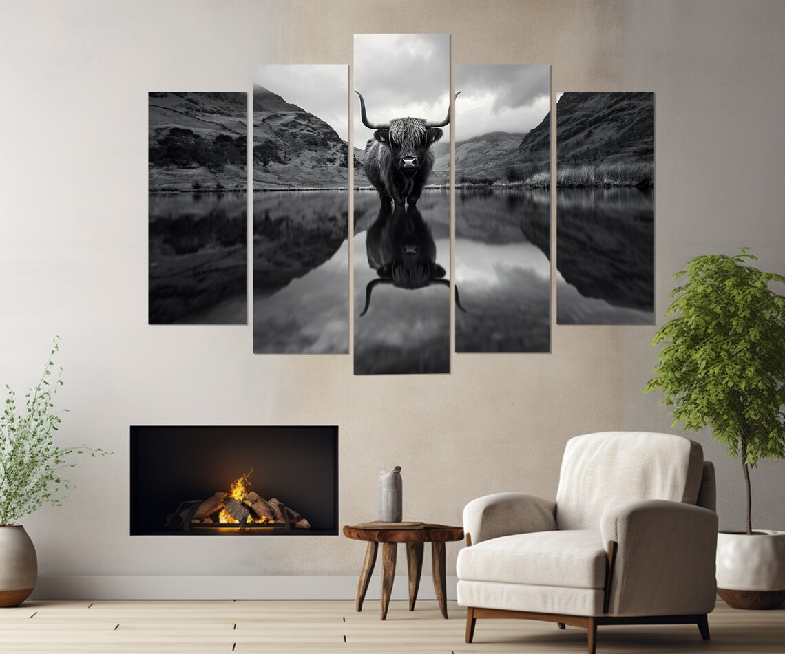 Highland Cow in Mountains, Black and White Farmhouse Art Print - Image 4