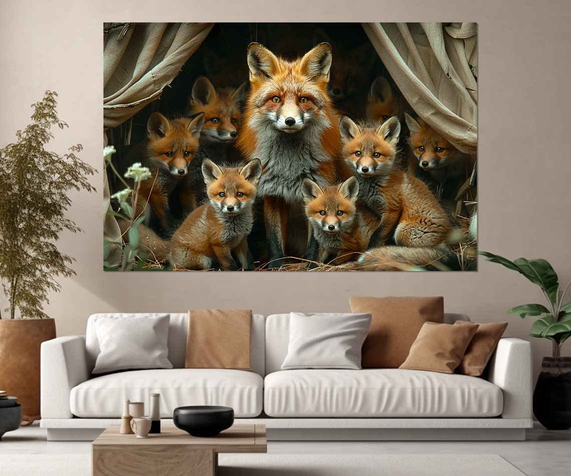 Mother Fox Seven Cubs Den Red Fox Family Wildlife Nursery Wall Art - Image 2
