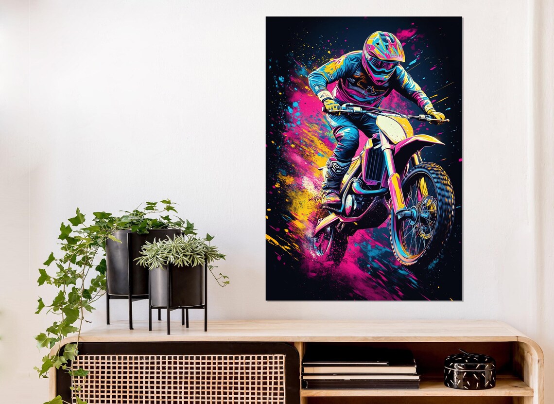 Motocross Rider Neon Night Jump Pink Blue Splash Dirt Bike Poster - Image 3