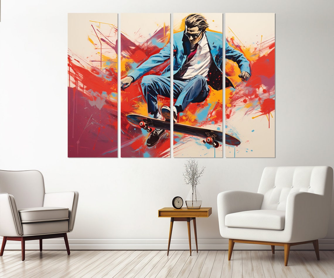 Businessman In Suit Skateboarding Trick Bold Pop Art Wall Poster - Image 2