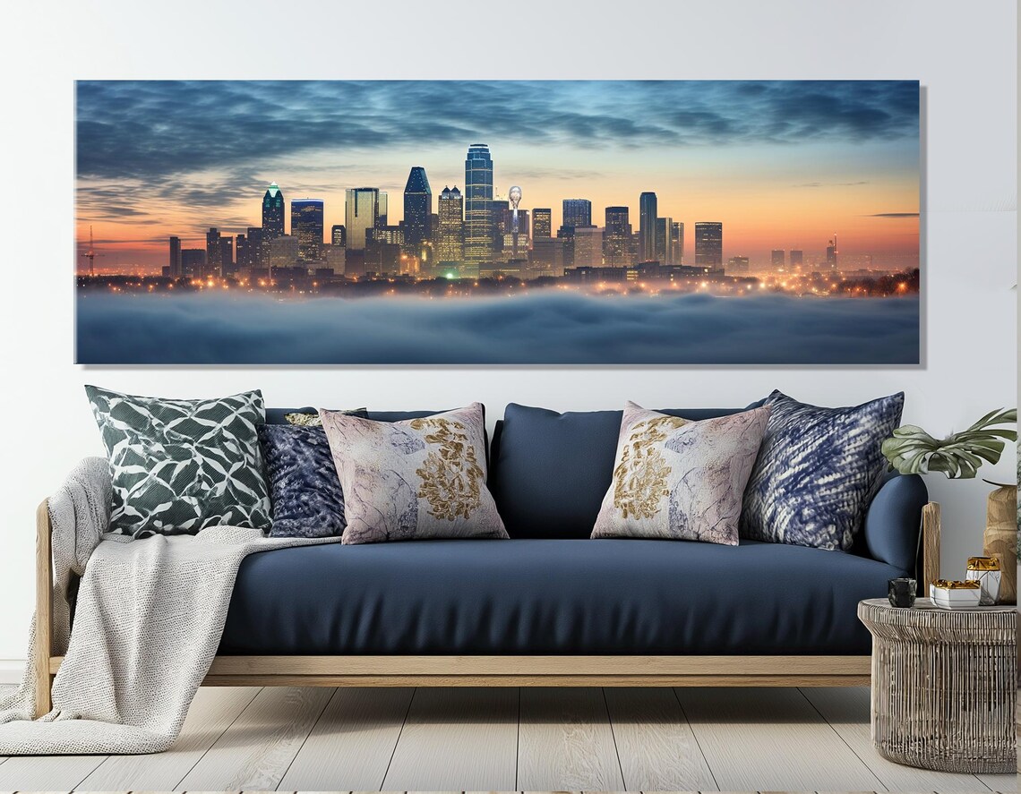 Dallas Texas Skyline Misty Dawn Fog City Lights Panoramic Poster - Image 2