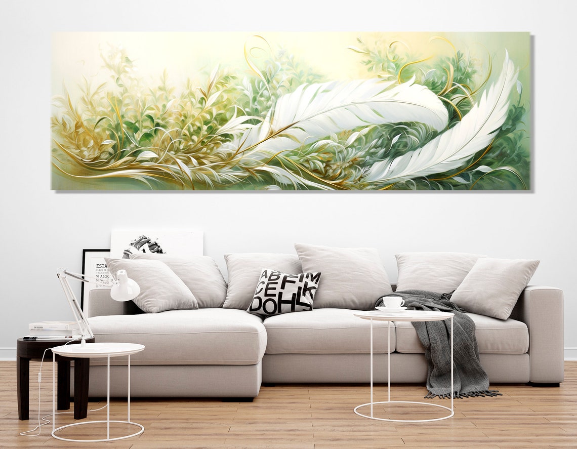 White Feathers Green Botanical Abstract Painting Panoramic Wall Art