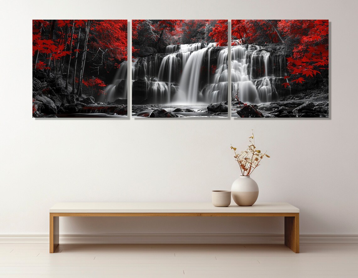 Abstract Black And White Waterfall in Red Forest Art Print - Image 4