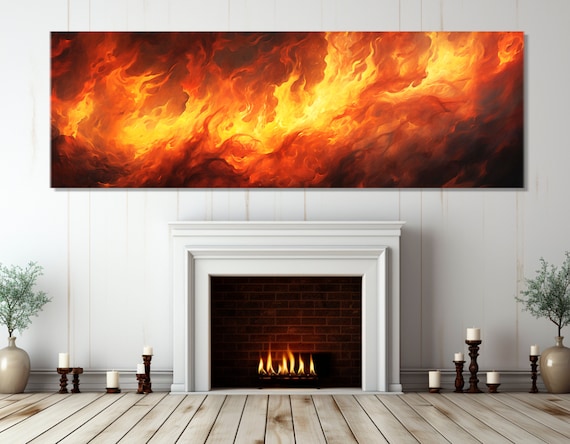Large Fire Print Panoramic Wall Art Livingroom Decor Firefighter Gift Abstract Fire Painting Framed And Ready To Hang